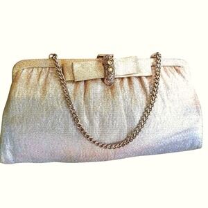 Ande Vintage Gold Metallic Evening Clutch Bag Rhinestone Bow Chain Strap 1950s